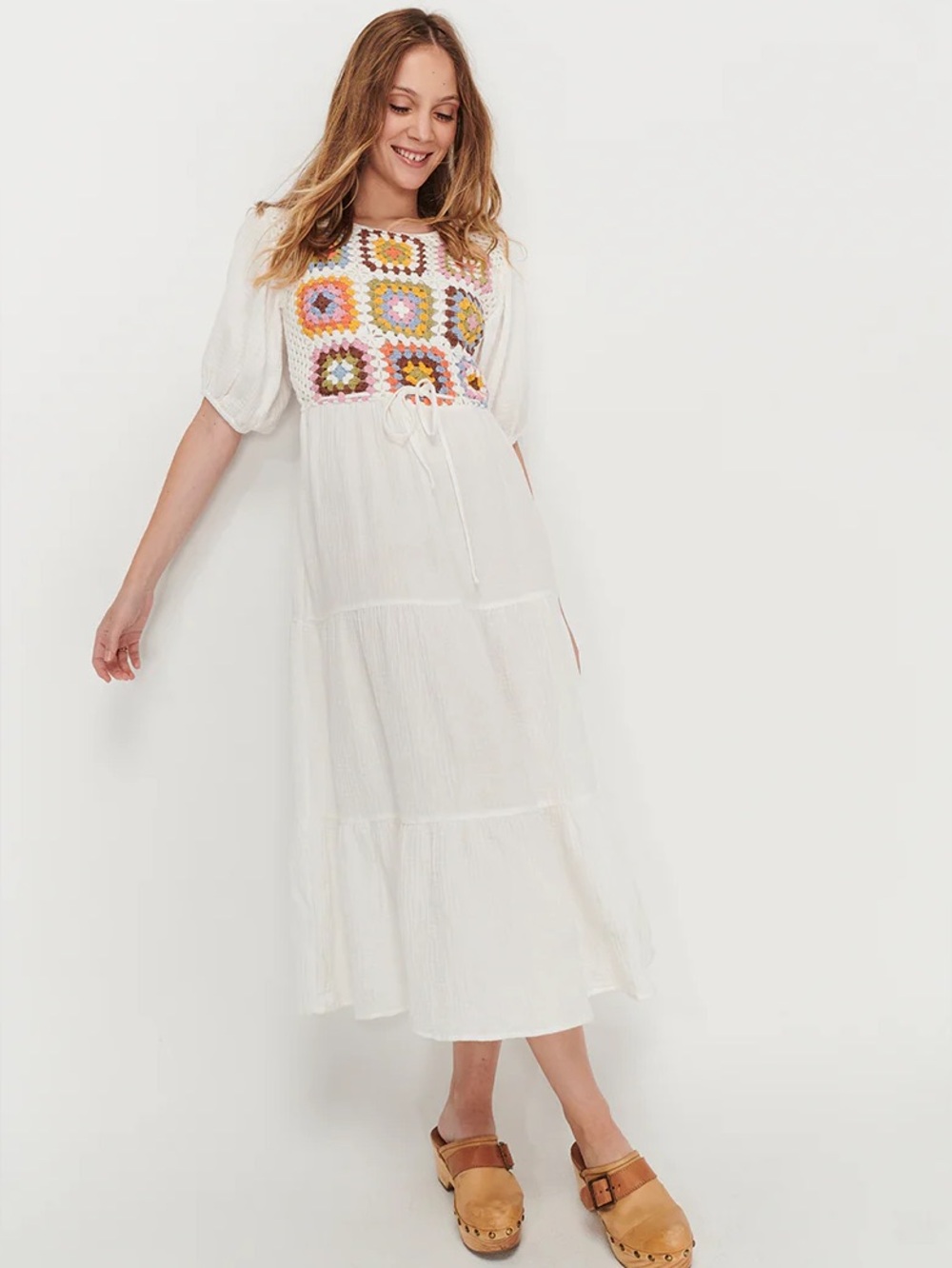 Ghanda Clothing Parisian White Maxi Dress with Multicolor Crochet